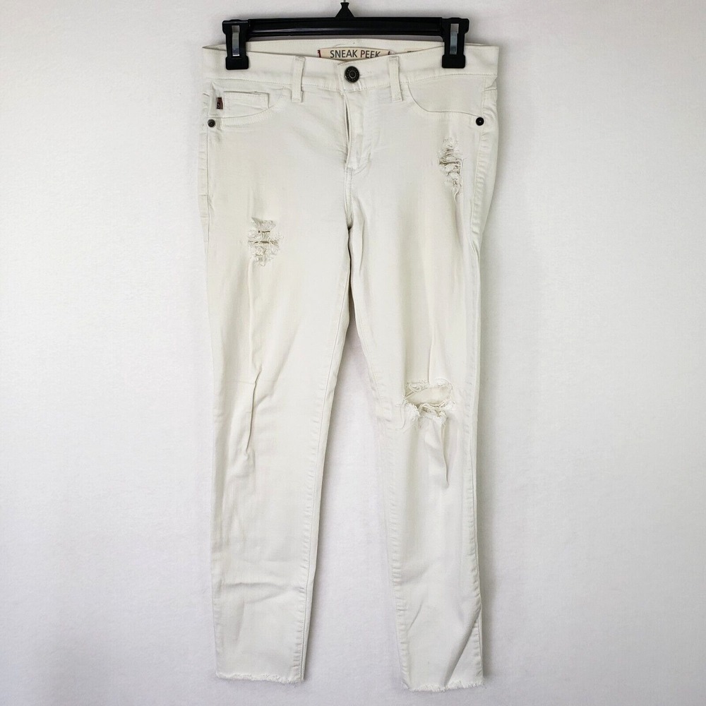 Sneak Peek Denim Juniors 3 White Distressed Raw Hem Jeans Retro Cotton Stretch